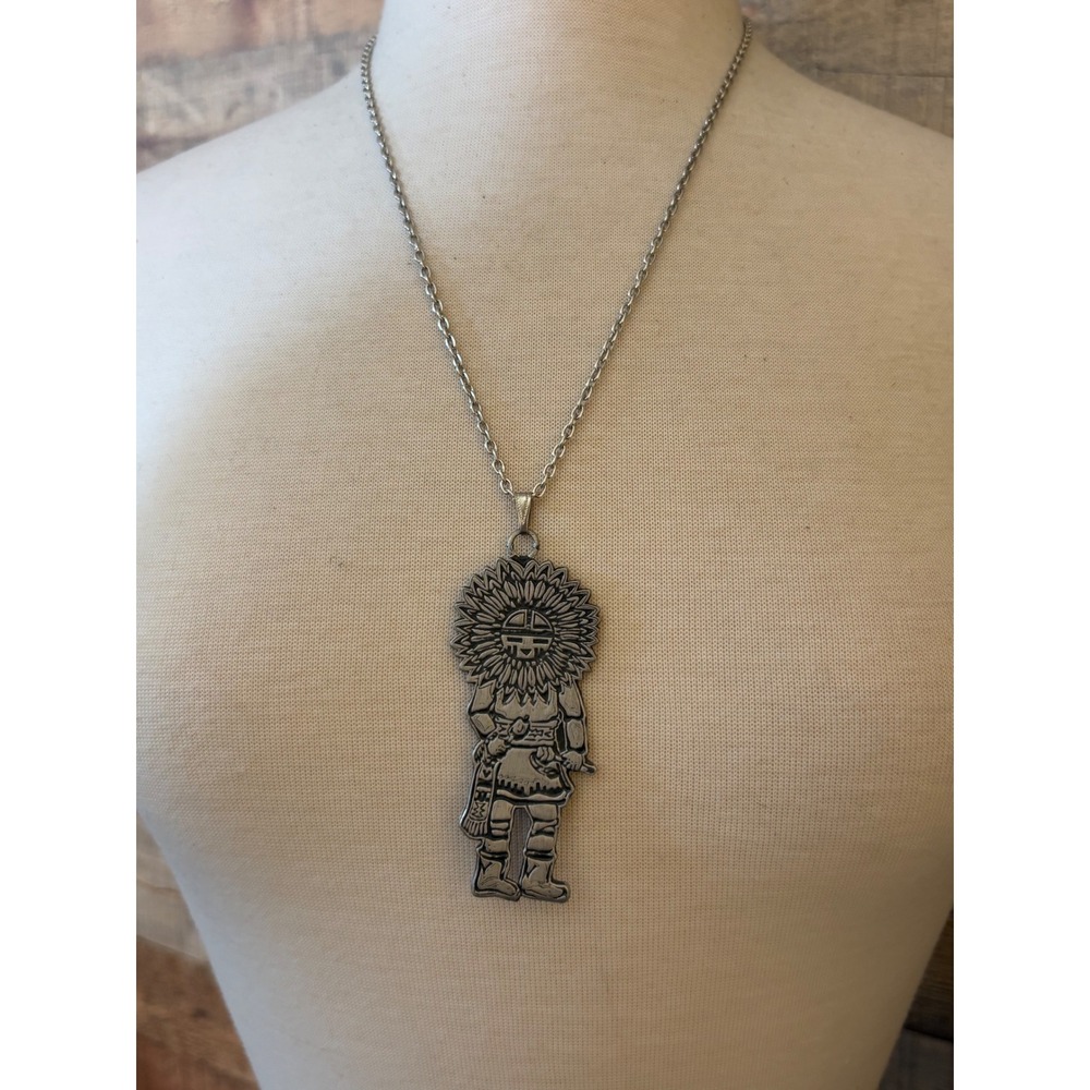 Vintage Silver Tone Sunface Kachina Pendant Necklace Southwestern Style